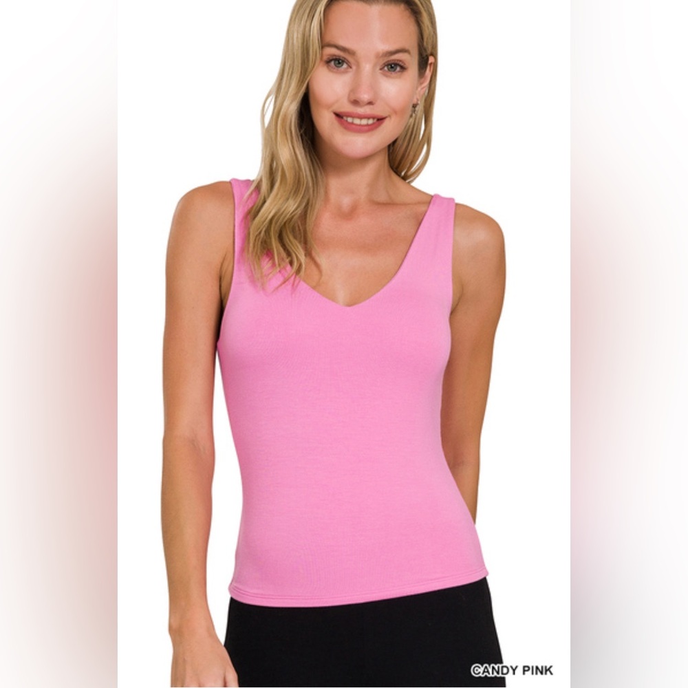 NWT ZENANA PREMIUM RAYON DOUBLE LAYERED V-NECK TANK TOP